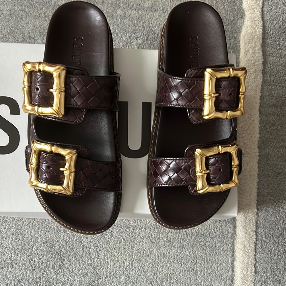 Elegant Dark Brown Sandals With Gold Accents